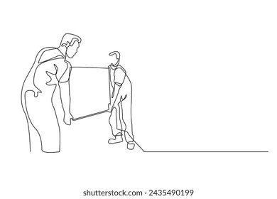 línea continua de dos empleados que levantan mercancías. vector de línea única dos personas que trabajan juntas que levantan mercancías. entrega del paquete, muebles una línea vector