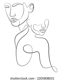 Una línea continua, dos caras femeninas. Resumen, arte moderno. Concepto de moda, dibujo de una línea para uso en diseño. Resumen de caras femeninas tocan una línea de un dibujo vectorial.