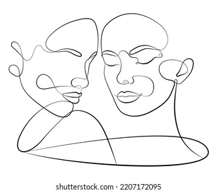 A continuous line, two female faces. Abstract, modern art. Fashion concept, one-line drawing for use in design. Abstract female faces touch one line of a vector drawing.