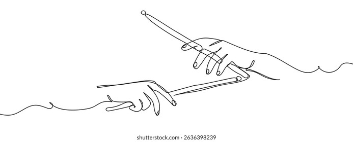 Continuous line, two hands holding drumsticks, drumming, playing music. line art vector.