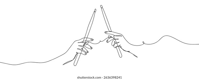 Continuous line, two hands holding drumsticks, drumming, playing music. line art vector.