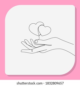 Continuous line, Two heart in hands. Drawing of set Give. (Vector illustration one line drawing)