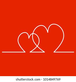 Continuous Line Two Hearts Shape for Valentine's Day. Vector illustration of a hearts isolated on red background. 