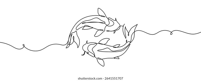 Continuous line Two koi fish swimming in a circle in the water. Hand drawn vector art lines on transparent background.