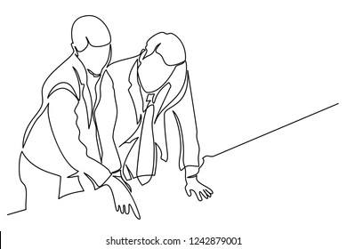 Continuous line of two man and woman businessmen point the finger to the chart. The concept of profit in business, personal growth, training. To solve problems.