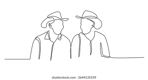 continuous line of two men with cowboy hats.portrait of cowboy friendship.single line illustration.eps 10