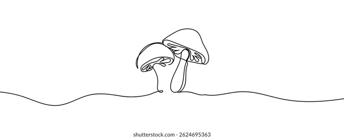 Continuous line, two mushrooms hand drawn line drawing illustration, vector, transparent background.
