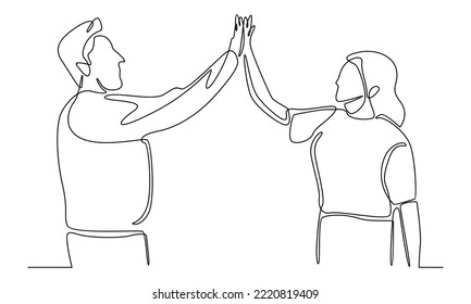 Continuous line of two people give five to each other