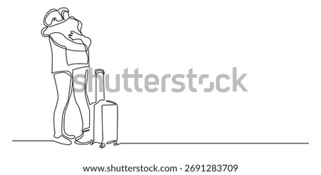 continuous line of two people hugging next to a suitcase. single line drawing of separation, long distance relationship, and travel moment. single line illustration