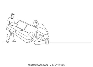 continuous line of two people lifting sofa chairs.single line vector two people working together lifting guest chairs.furniture business worker,furniture delivery,furniture one line vector