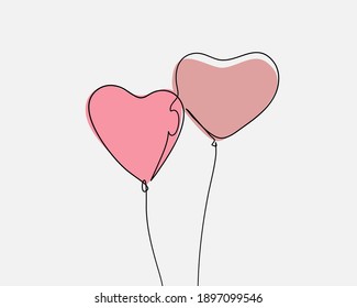Línea continua, dos globos de corazón rosados. Dibujo del conjunto Amor. (Dibujo de la ilustración del vector con un plano de línea)