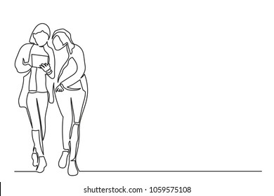 continuous line two young women standing looking at tablet. concept of mobile technologies and purchases on Internet. A drawing on a white background with a black line. copy space.