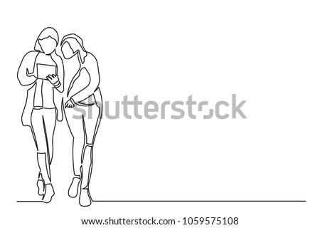 continuous line two young women standing looking at tablet. concept of mobile technologies and purchases on Internet. A drawing on a white background with a black line. copy space.