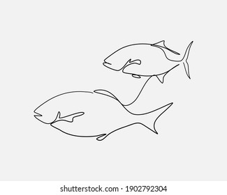 Continuous Line, Underwater Fish. Drawing Of Set Ocean. (Vector Illustration One Line Drawing)