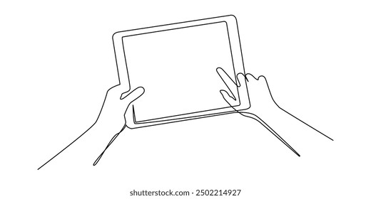 continuous line using AI technology.conceptualizing and exhibiting AI one line drawing.hand holding tablet,analyzing data