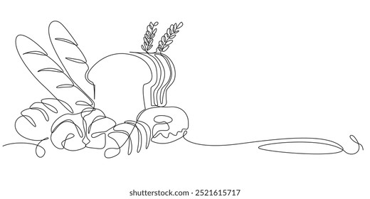 continuous line of various kinds of hand-made bread. one line drawing of bread Baguettes, white bread, croissants, donuts. single line vector illustration. isolated white background