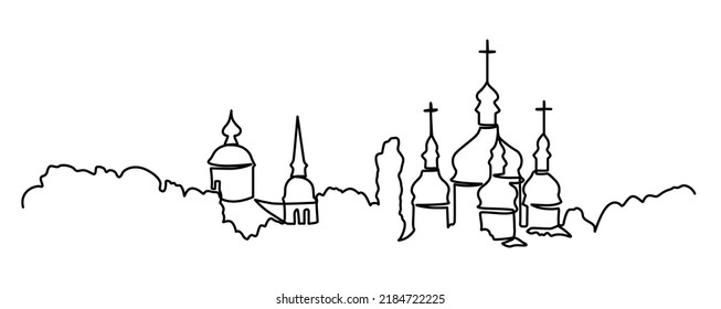 Continuous line vector Christian churches in the woods. One line drawing of churches. Ukraine, Kyiv church vector illustration.