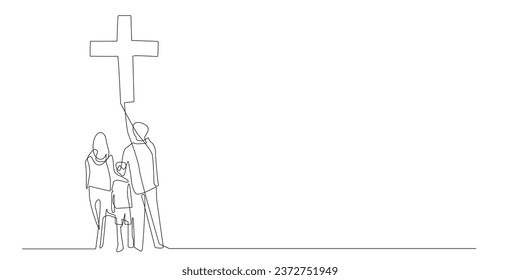 continuous line vector of Christian family. one line drawing of family looking at crossroads. Christian background