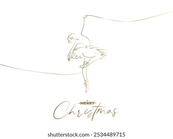 Continuous line vector Christmas card of gold ballerina on white background. Dancing woman in oneline style. Merry Christmas concept