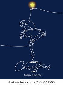 Continuous line vector Christmas card of ballerina and star. Dancing woman in oneline style. Merry Christmas concept