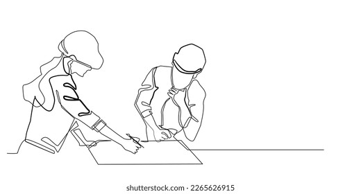 continuous line vector of contractor workers discussing. contractor team work. one line drawing sharing ideas.