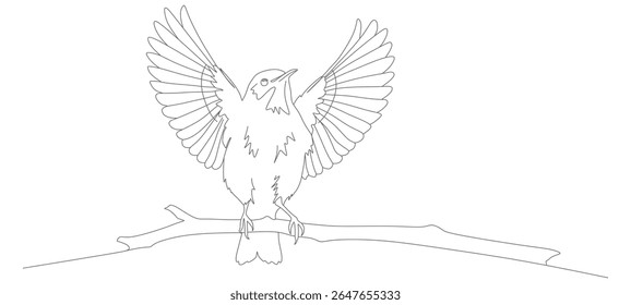 continuous line vector design of a bird perched on a tree branch flapping its wings