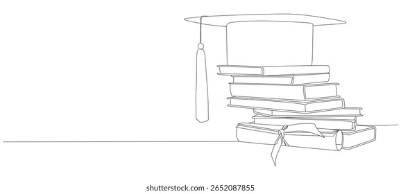 Continuous line vector design of books and graduation hat