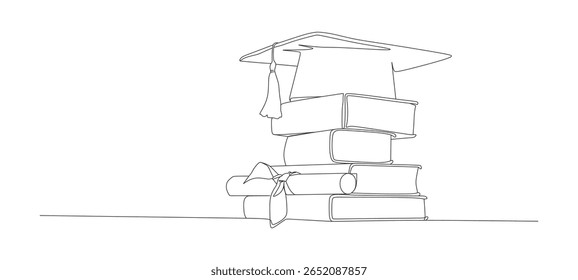 Continuous line vector design of books and graduation hat