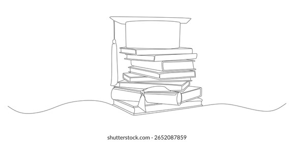Continuous line vector design of books and graduation hat