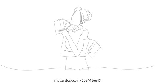 continuous line vector design of chinese woman holding red envelope, angpao