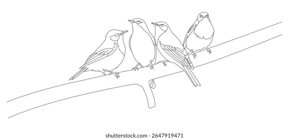 continuous line vector design of a group of birds perched on a tree branch