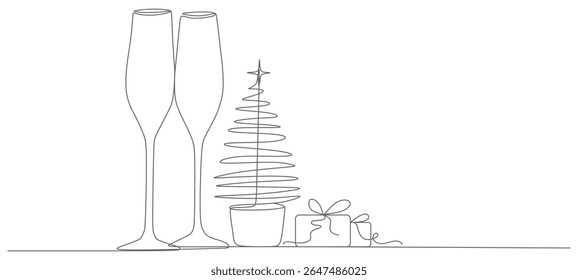 continuous line vector design illustration of glasses, miniature fir trees and gifts for christmas day