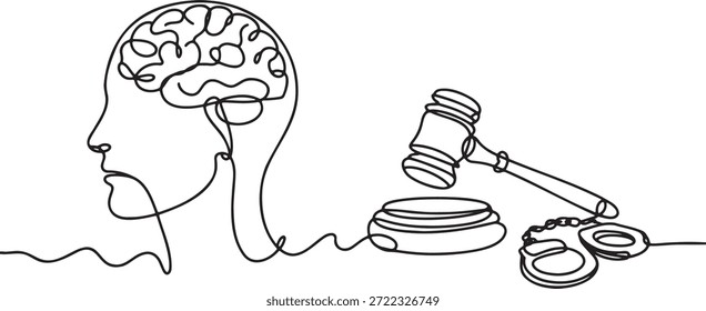 Desenho vetorial de linha contínua retrata o perfil humano e o cérebro ligado a símbolos legais como martelo e algemas. Conceito que ilustra o estado mental e o sistema jurídico da psicologia forense. Representação gráfica abstrata do julgamento da justiça do crime e considerações éticas na aplicação da lei. Simples esboço de arte para estudos jurídicos e processos judiciais.