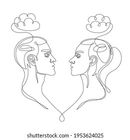 Continuous line vector drawing of man and woman loking at each other. Minimalist illustration of relationships. Resentment between a couple. One Line concept.