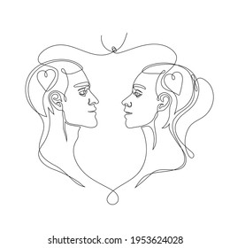 Continuous line vector drawing of man and woman looking at each other with love. Minimalist illustration of relationships. One Line concept.