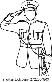 Dibujo de Vector de línea continua que muestra a un oficial militar con uniforme y gorra que rinde saludo concepto de gesto de respeto servicio de honor patriotismo Arte vectorial