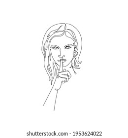 Continuous line vector drawing of woman holding finger on her lips. Minimalist illustration. One Line concept.