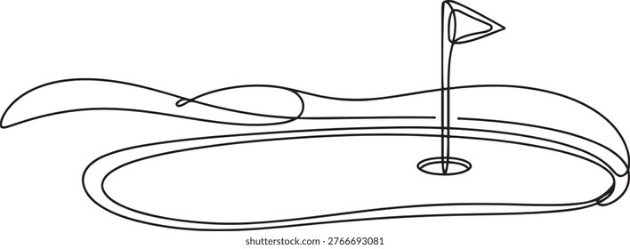 continuous line vector golf course. single line vector golf course, flag and hole. one line Icon drawing
