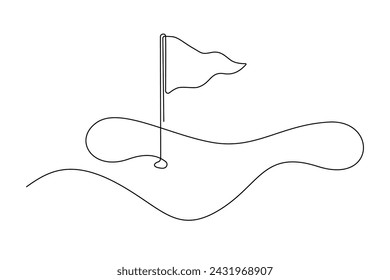 continuous line vector golf course.single line vector golf course, flag and hole.golf course icon drawn in one line svg
