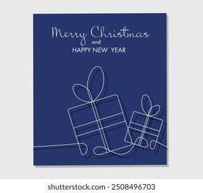 Kontinuierliche Linie Vektor Grußkarte des neuen Jahres und Weihnachts Geschenkbox. Frohe Weihnachten Konzept