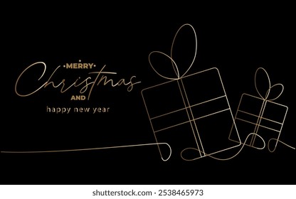 Tarjeta de felicitación de Vector de línea continua de la caja de regalo de oro de año nuevo sobre fondo negro. Concepto de Feliz Navidad