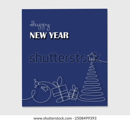 Continuous line vector greeting card of new year and xmas tree, ball, gift box. Merry Christmas concept