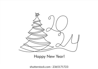 Continuous line vector illustration of 2024 years and xmas tree. Merry Christmas concept. Christmas card