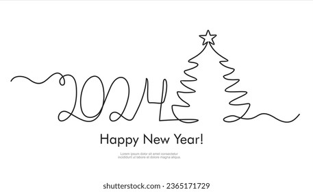 Continuous line vector illustration of 2024 years and xmas tree. Merry Christmas concept. Christmas card