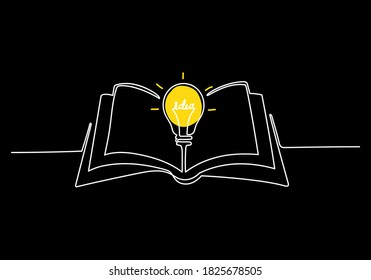 Continuous line vector illustration of book with idea light bulb on black background, Icon or Emblem trendy linear style. 