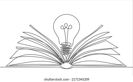 Continuous line vector illustration of book with idea light bulb on white background, Stroke Line, Icon or Emblem trendy linear style.