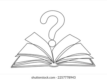 Continuous line vector illustration of book with question mark on white background,concept of answers in the book. Stroke Line, Icon or Emblem trendy linear style.