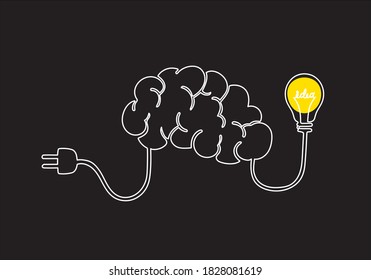 Continuous line vector illustration of Brain and plug with light bulb on black background, Editable Stroke Line, Icon or Emblem trendy linear style. 