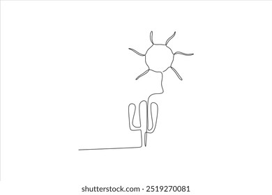 Ilustración vectorial en línea continua de cactus con sol	

