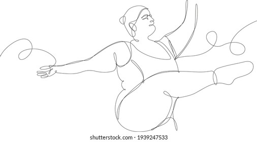 Continuous line vector illustration curvy woman dancing  Concept lightness the curvy female body  Black line white background